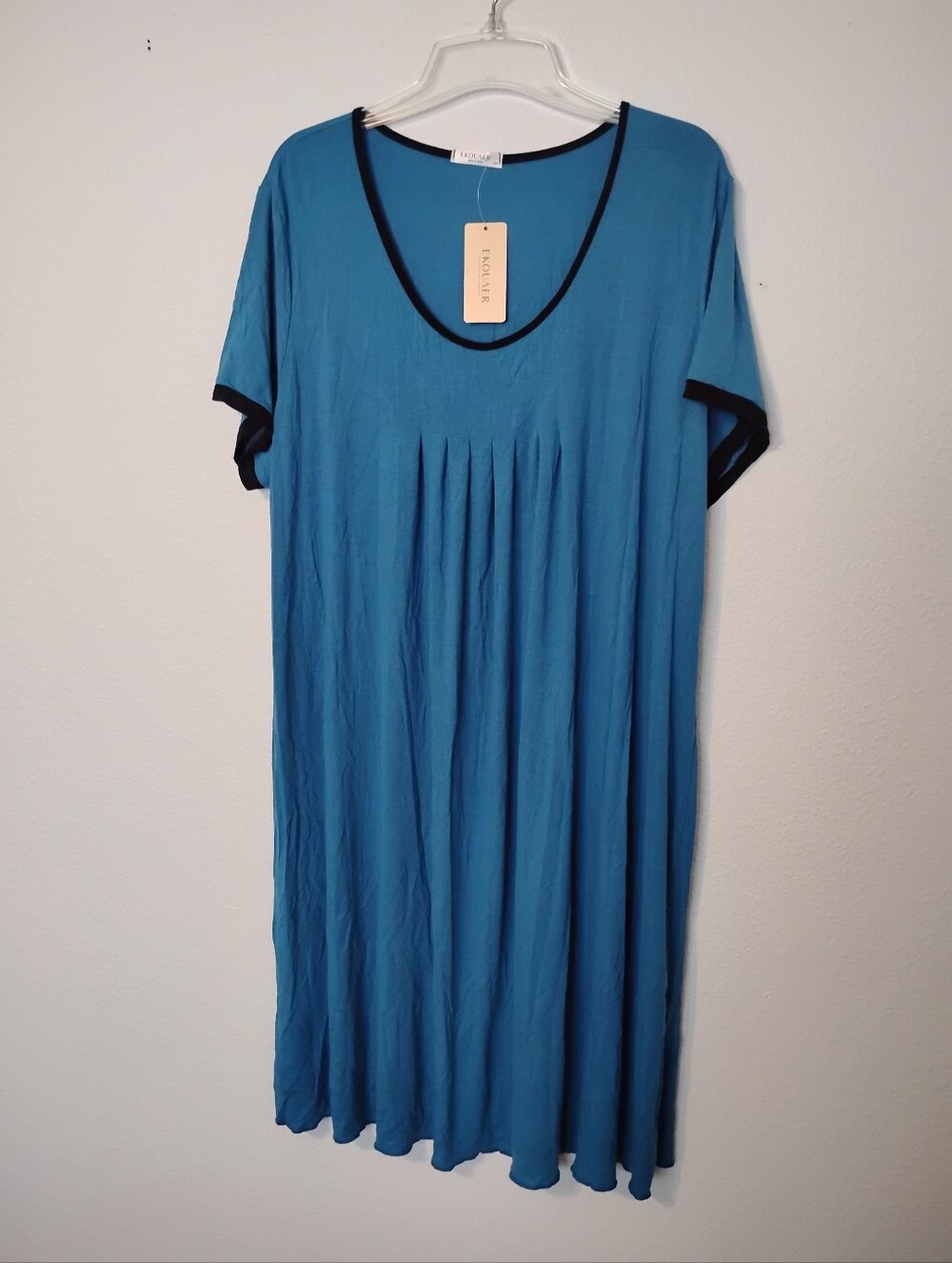 Ekouaer Blue Black Trim Rayon Tunic Dress Nightgown
